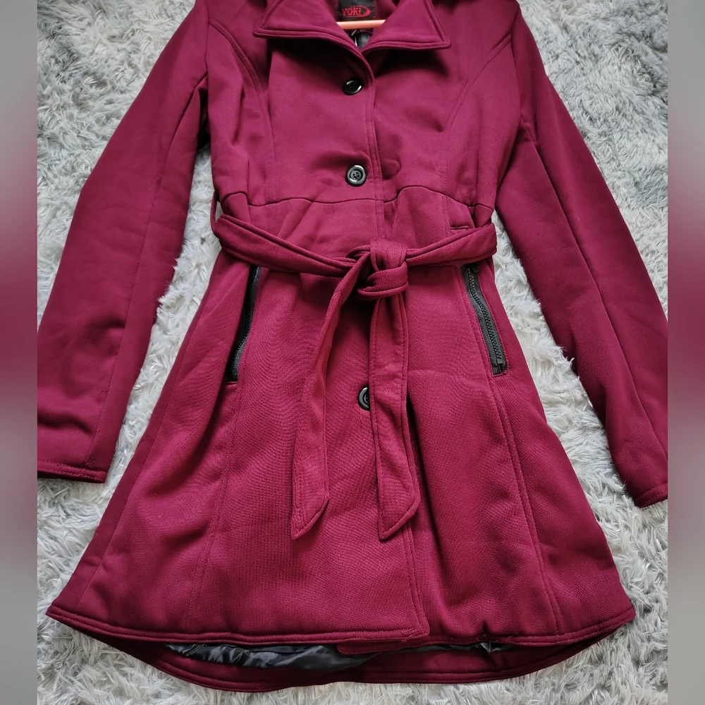*NWT* Yoki Women's Medium Burgundy Button-up Coat With Tie At Waist - Picture 3 of 13
